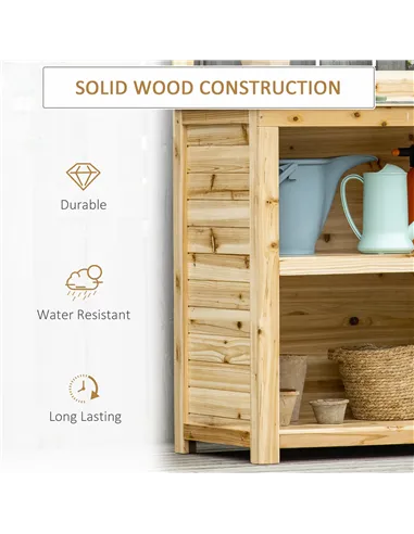 Outsunny Garden Potting Bench Table, Wooden Workstation Bench w/ Galvanized Metal Tabletop, Storage Shelves and Hooks, Natural