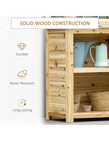 Outsunny Garden Potting Bench Table, Wooden Workstation Bench w/ Galvanized Metal Tabletop, Storage Shelves and Hooks, Natural