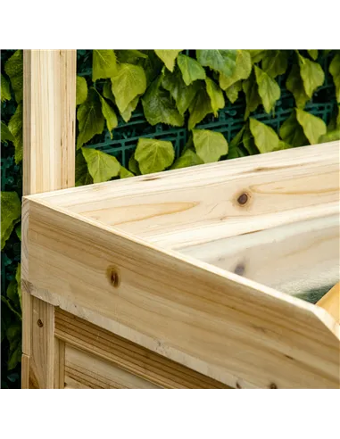 Outsunny Garden Potting Bench Table, Wooden Workstation Bench w/ Galvanized Metal Tabletop, Storage Shelves and Hooks, Natural