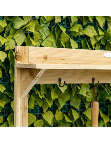 Outsunny Garden Potting Bench Table, Wooden Workstation Bench w/ Galvanized Metal Tabletop, Storage Shelves and Hooks, Natural