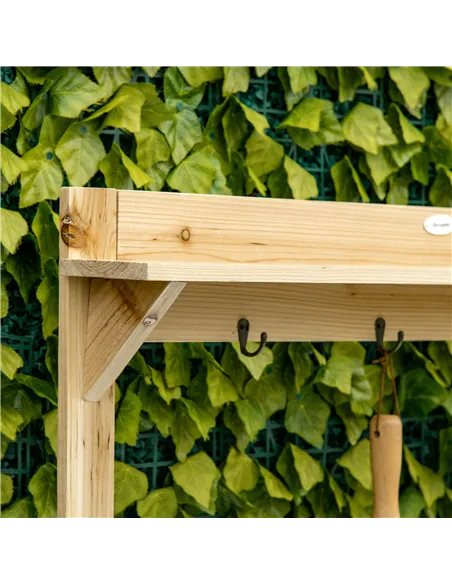 Outsunny Garden Potting Bench Table, Wooden Workstation Bench w/ Galvanized Metal Tabletop, Storage Shelves and Hooks, Natural