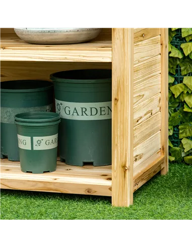 Outsunny Garden Potting Bench Table, Wooden Workstation Bench w/ Galvanized Metal Tabletop, Storage Shelves and Hooks, Natural