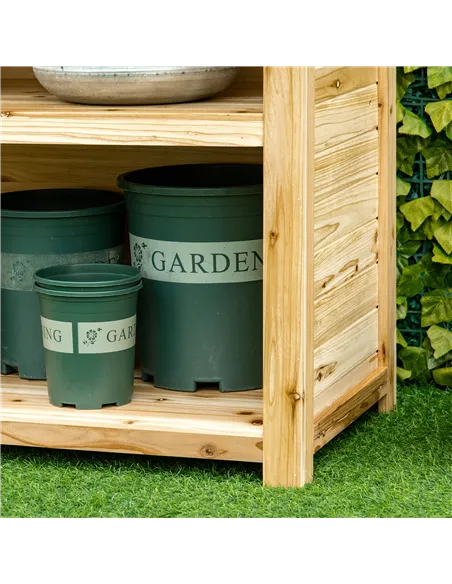 Outsunny Garden Potting Bench Table, Wooden Workstation Bench w/ Galvanized Metal Tabletop, Storage Shelves and Hooks, Natural