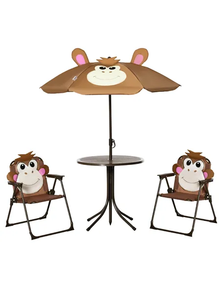 Outsunny Kids Bistro Table and Chair Set, Outdoor Folding Garden Furniture w/Monkey Design, Removable, Adjustable Sun Umbrella, 