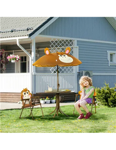 Outsunny Kids Bistro Table and Chair Set, Outdoor Folding Garden Furniture w/Monkey Design, Removable, Adjustable Sun Umbrella, 