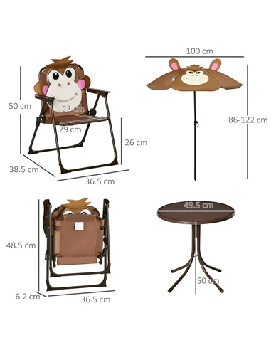 Outsunny Kids Bistro Table and Chair Set, Outdoor Folding Garden Furniture w/Monkey Design, Removable, Adjustable Sun Umbrella, 