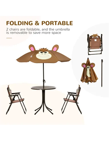 Outsunny Kids Bistro Table and Chair Set, Outdoor Folding Garden Furniture w/Monkey Design, Removable, Adjustable Sun Umbrella, 