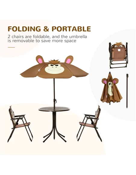 Outsunny Kids Bistro Table and Chair Set, Outdoor Folding Garden Furniture w/Monkey Design, Removable, Adjustable Sun Umbrella, 