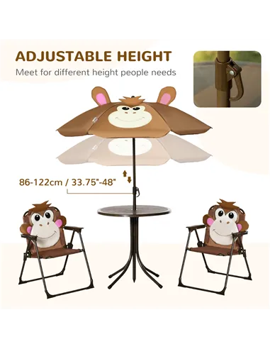 Outsunny Kids Bistro Table and Chair Set, Outdoor Folding Garden Furniture w/Monkey Design, Removable, Adjustable Sun Umbrella, 