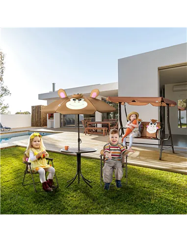 Outsunny Kids Bistro Table and Chair Set, Outdoor Folding Garden Furniture w/Monkey Design, Removable, Adjustable Sun Umbrella, 