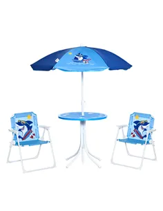 Outsunny Kids Outdoor Bistro Table and Chair Set, Folding Garden Furniture w/ Shark Design, Removable, Adjustable Sun Umbrella, 