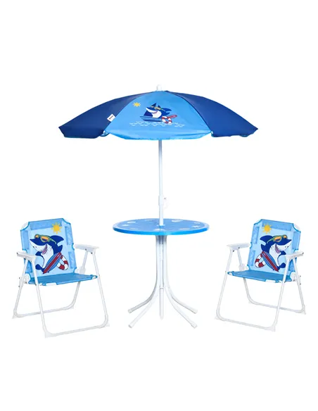 Outsunny Kids Outdoor Bistro Table and Chair Set, Folding Garden Furniture w/ Shark Design, Removable, Adjustable Sun Umbrella, 