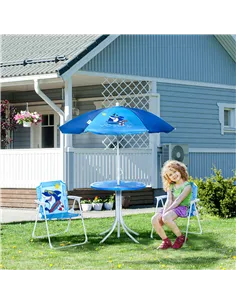 Outsunny Kids Outdoor Bistro Table and Chair Set, Folding Garden Furniture w/ Shark Design, Removable, Adjustable Sun Umbrella,  2