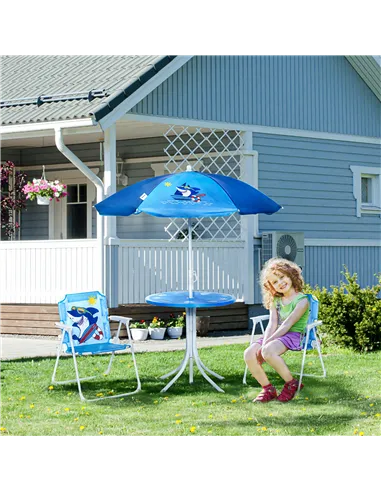 Outsunny Kids Outdoor Bistro Table and Chair Set, Folding Garden Furniture w/ Shark Design, Removable, Adjustable Sun Umbrella, 