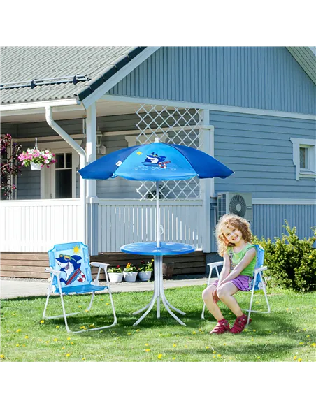 Outsunny Kids Outdoor Bistro Table and Chair Set, Folding Garden Furniture w/ Shark Design, Removable, Adjustable Sun Umbrella, 
