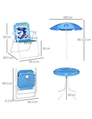 Outsunny Kids Outdoor Bistro Table and Chair Set, Folding Garden Furniture w/ Shark Design, Removable, Adjustable Sun Umbrella, 