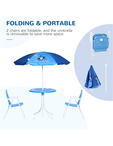Outsunny Kids Outdoor Bistro Table and Chair Set, Folding Garden Furniture w/ Shark Design, Removable, Adjustable Sun Umbrella, 