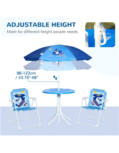 Outsunny Kids Outdoor Bistro Table and Chair Set, Folding Garden Furniture w/ Shark Design, Removable, Adjustable Sun Umbrella, 