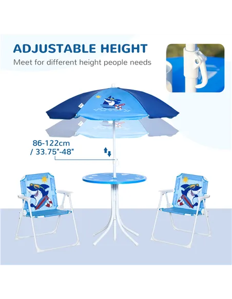 Outsunny Kids Outdoor Bistro Table and Chair Set, Folding Garden Furniture w/ Shark Design, Removable, Adjustable Sun Umbrella, 