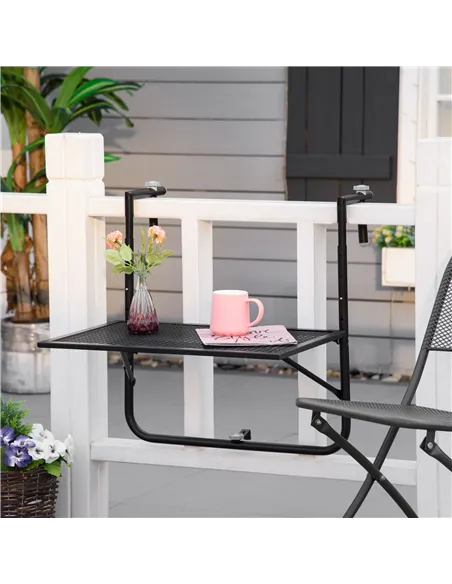 Outsunny Balcony Hanging Table, Metal Wall Mount Desk, Adjustable Folding Balcony Deck Table for Patio and Garden, Black