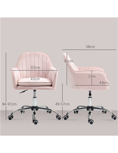HOMCOM Velvet-Feel Tub Office Chair, with Seat Cushion - Pink