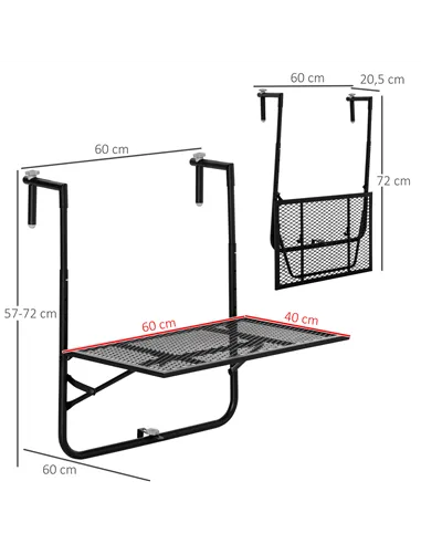Outsunny Balcony Hanging Table, Metal Wall Mount Desk, Adjustable Folding Balcony Deck Table for Patio and Garden, Black