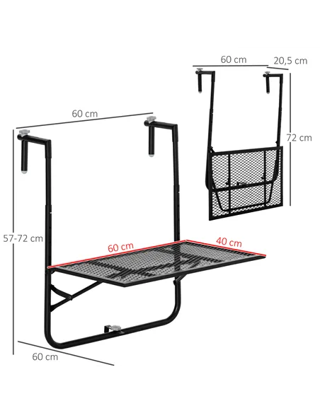 Outsunny Balcony Hanging Table, Metal Wall Mount Desk, Adjustable Folding Balcony Deck Table for Patio and Garden, Black