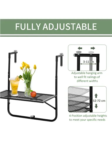 Outsunny Balcony Hanging Table, Metal Wall Mount Desk, Adjustable Folding Balcony Deck Table for Patio and Garden, Black