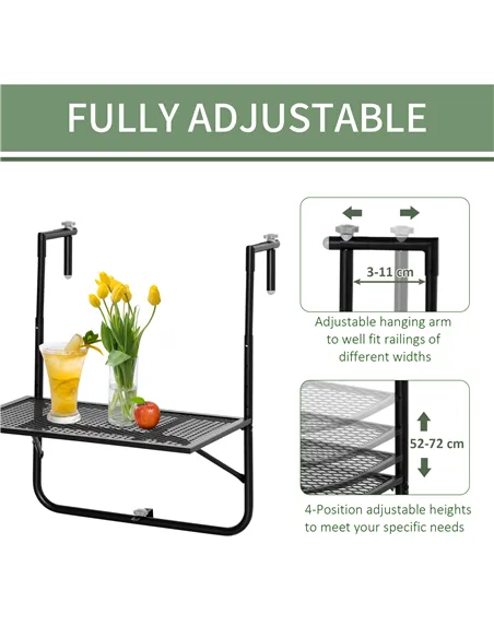 Outsunny Balcony Hanging Table, Metal Wall Mount Desk, Adjustable Folding Balcony Deck Table for Patio and Garden, Black