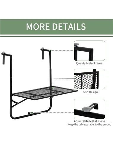 Outsunny Balcony Hanging Table, Metal Wall Mount Desk, Adjustable Folding Balcony Deck Table for Patio and Garden, Black