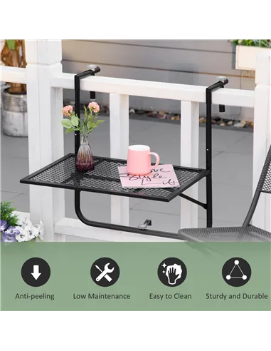 Outsunny Balcony Hanging Table, Metal Wall Mount Desk, Adjustable Folding Balcony Deck Table for Patio and Garden, Black