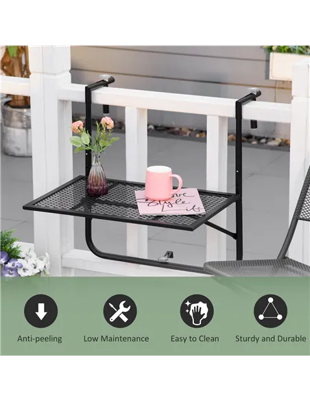Outsunny Balcony Hanging Table, Metal Wall Mount Desk, Adjustable Folding Balcony Deck Table for Patio and Garden, Black