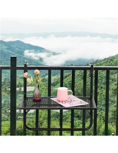 Outsunny Balcony Hanging Table, Metal Wall Mount Desk, Adjustable Folding Balcony Deck Table for Patio and Garden, Black