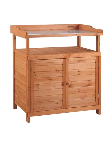 Outsunny Multi-function Potting Bench Table w/ Storage Cabinet and Galvanized Table Top, Wooden Planting Workstation, 98cm x 47c