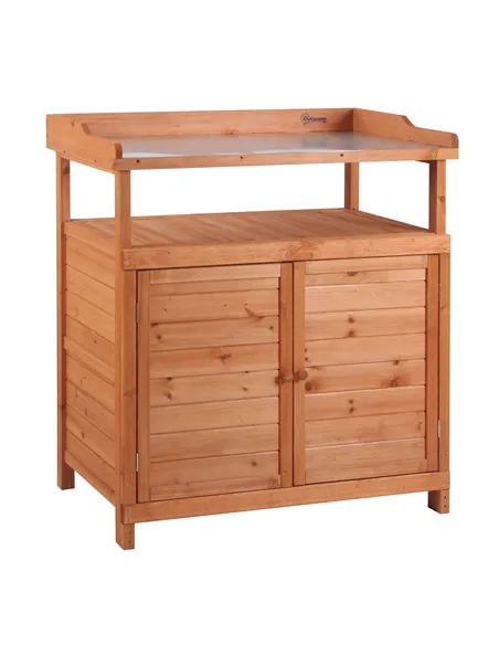 Outsunny Multi-function Potting Bench Table w/ Storage Cabinet and Galvanized Table Top, Wooden Planting Workstation, 98cm x 47c