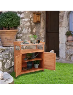 Outsunny Multi-function Potting Bench Table w/ Storage Cabinet and Galvanized Table Top, Wooden Planting Workstation, 98cm x 47c 2