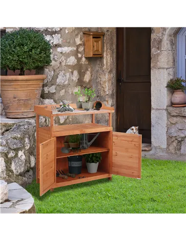 Outsunny Multi-function Potting Bench Table w/ Storage Cabinet and Galvanized Table Top, Wooden Planting Workstation, 98cm x 47c