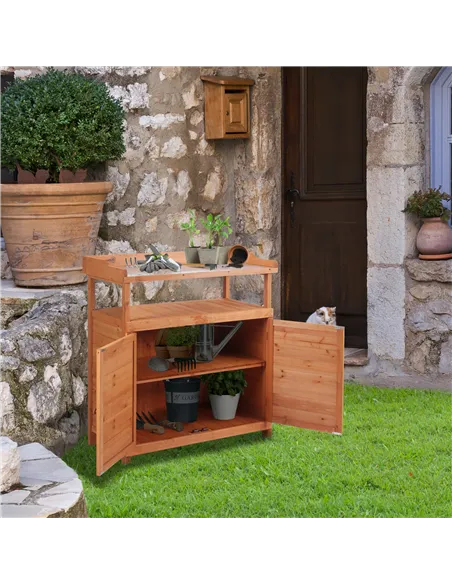 Outsunny Multi-function Potting Bench Table w/ Storage Cabinet and Galvanized Table Top, Wooden Planting Workstation, 98cm x 47c