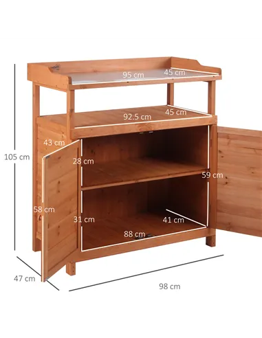 Outsunny Multi-function Potting Bench Table w/ Storage Cabinet and Galvanized Table Top, Wooden Planting Workstation, 98cm x 47c