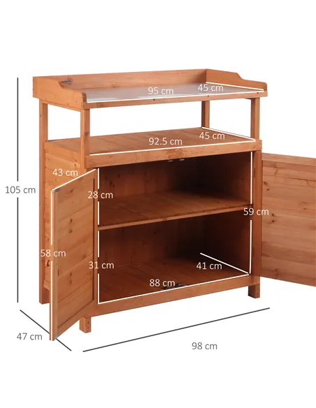 Outsunny Multi-function Potting Bench Table w/ Storage Cabinet and Galvanized Table Top, Wooden Planting Workstation, 98cm x 47c