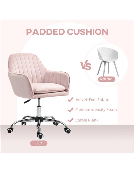 HOMCOM Velvet-Feel Tub Office Chair, with Seat Cushion - Pink