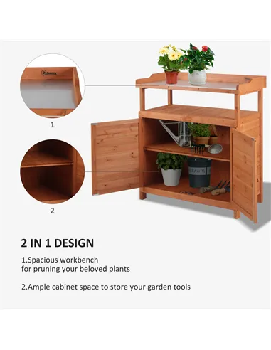 Outsunny Multi-function Potting Bench Table w/ Storage Cabinet and Galvanized Table Top, Wooden Planting Workstation, 98cm x 47c