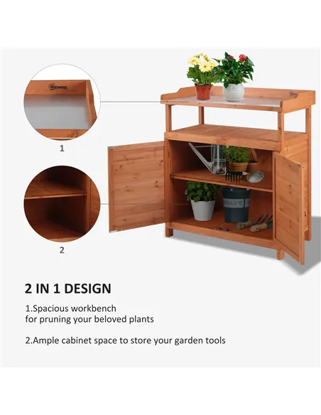Outsunny Multi-function Potting Bench Table w/ Storage Cabinet and Galvanized Table Top, Wooden Planting Workstation, 98cm x 47c