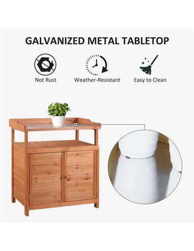 Outsunny Multi-function Potting Bench Table w/ Storage Cabinet and Galvanized Table Top, Wooden Planting Workstation, 98cm x 47c
