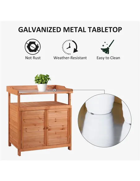 Outsunny Multi-function Potting Bench Table w/ Storage Cabinet and Galvanized Table Top, Wooden Planting Workstation, 98cm x 47c