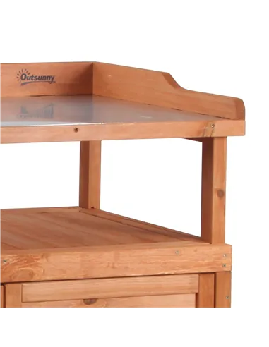 Outsunny Multi-function Potting Bench Table w/ Storage Cabinet and Galvanized Table Top, Wooden Planting Workstation, 98cm x 47c