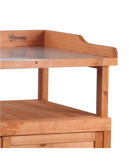 Outsunny Multi-function Potting Bench Table w/ Storage Cabinet and Galvanized Table Top, Wooden Planting Workstation, 98cm x 47c