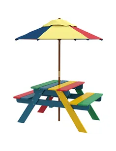 Outsunny Wooden Kids Table and Chair Set with Removable Parasol, for Ages 3-6 Years - Multicoloured