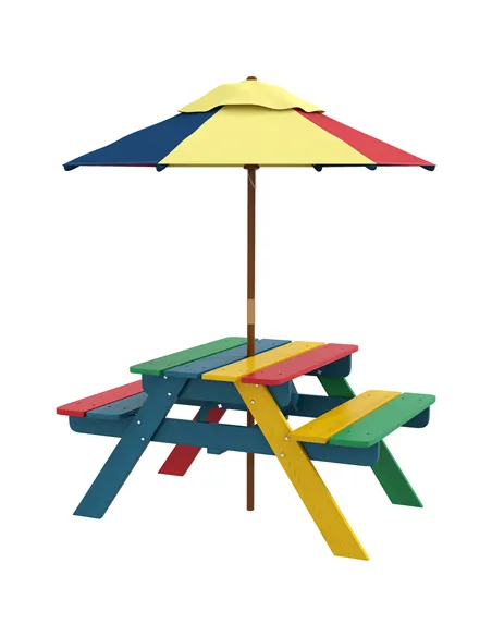 Outsunny Wooden Kids Table and Chair Set with Removable Parasol, for Ages 3-6 Years - Multicoloured