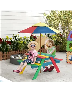 Outsunny Wooden Kids Table and Chair Set with Removable Parasol, for Ages 3-6 Years - Multicoloured 2